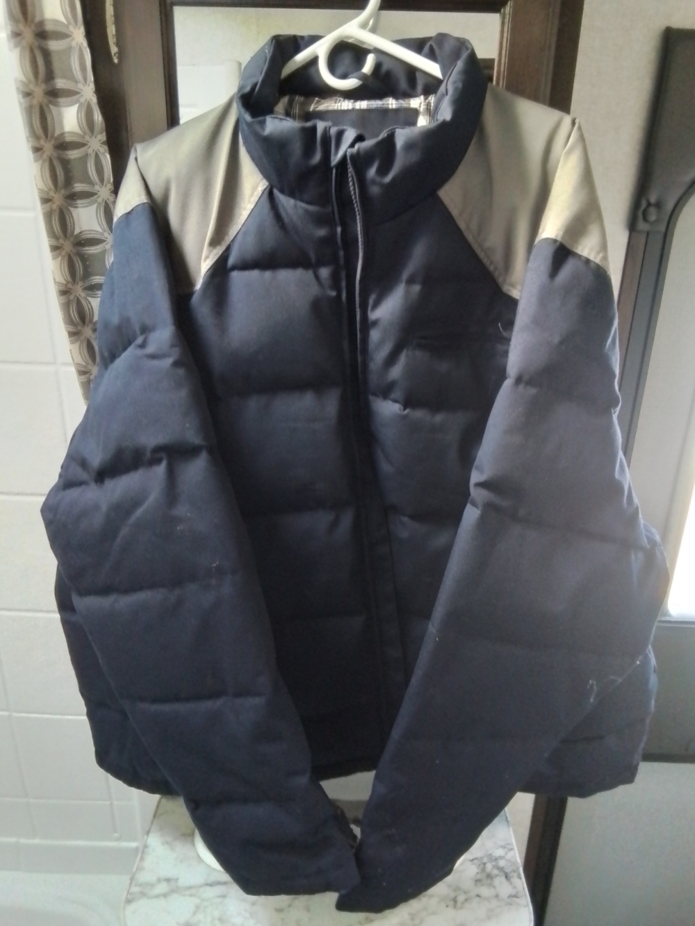 Men's Navy Puffer Jacket with Tan Shoulder Accents